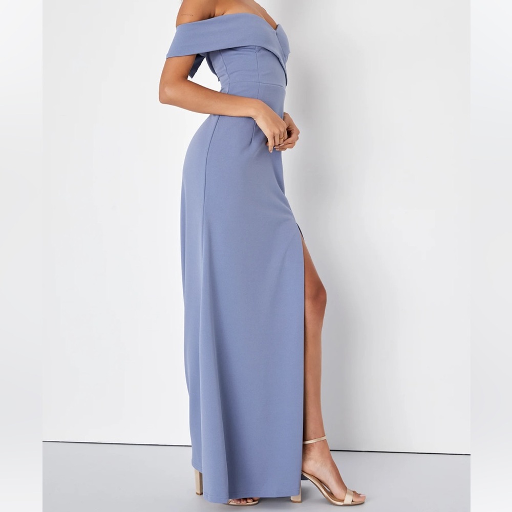 Lulus Song of Love Blue Grey Off-the-Shoulder Maxi Dress